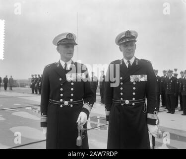 Transfer of command of Squadron V by Rear-Admiral L.E.H. Reeser (left) commander JRH. W.C.M. de Jonge van Ellemeet (deputy. Chief Naval Staff) aboard Hr. Ms. Airbase Ship Karel Doorman Date: August 25, 1964 Location: Den Helder, Noord-Holland Keywords: navy, officers, ships Person Name: Young Ellemeet W.C.M. the, Reeser, L.E.H. Stock Photo