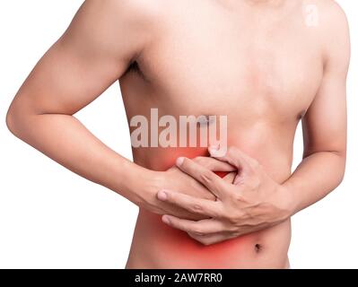 man stomach suffering from stomachache or Gastroenterologist Concept with Healthcare And Medicine. Pain in red color. Isolate on white background Stock Photo