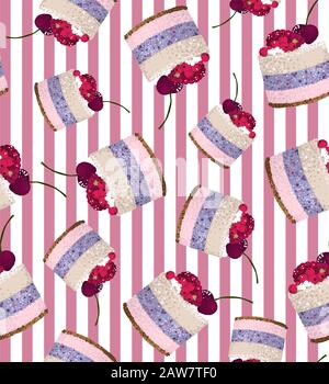 Seamless pattern with cakes on pink background, Stock Vector