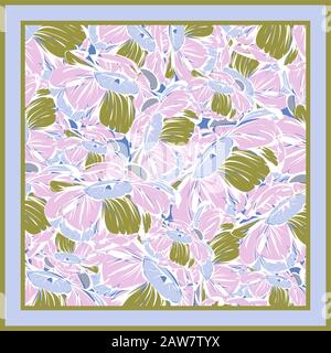 Delicate colors of silk scarf with flowering peony. Hand drawn design. Stock Vector