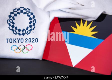 TOKYO, JAPAN, FEBRUARY. 4, 2020: Antigua and Barbuda National flag