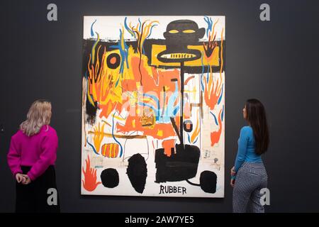 LONDON, UK - 7 February 2020: Jean-Michel Basquiat, Rubber,1985, Acrylic, oil stick and collage on canvas. Estimate: £6-8 million will be offered in Sotheby's Centemporary Art Evening Auction on 11 February . amer ghazzal/Alamy Live News Stock Photo