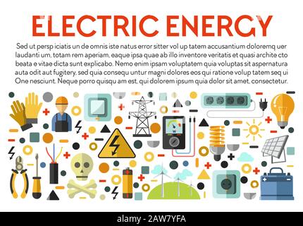 Electric energy banner with electrical works icons and text Stock Vector