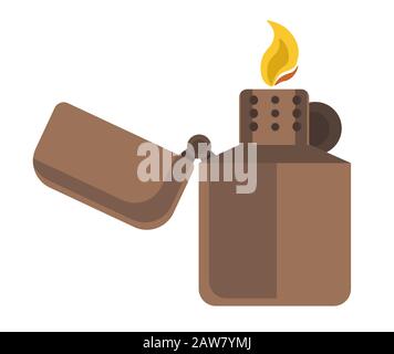 Brass or brown cigarette lighter icon with flaming fire Stock Vector