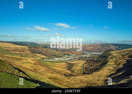 View from the Bwlch y Clawdd Pass down to the Rhondda Valley in south Wales. The village of Cwmparc was once a busy mining community. Stock Photo