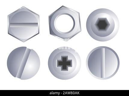Hex bolt and nut hardware parts in chrome top view Stock Vector
