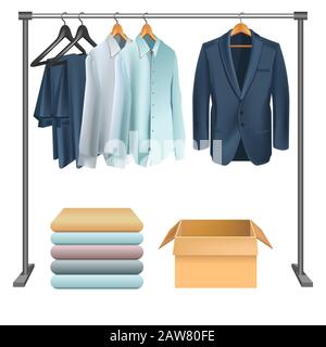 Metal clothes rack with men suit and shirts on hangers Stock Vector