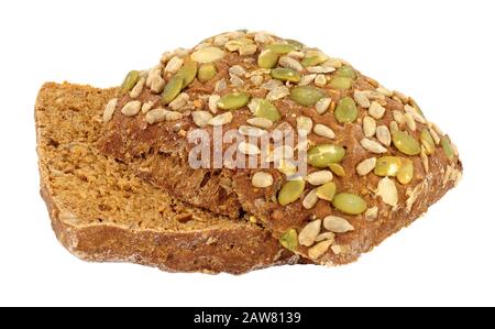 Pumpkin and sunflower seed dark rye bread rolls isolated on a white background Stock Photo