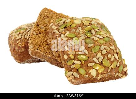 Pumpkin and sunflower seed dark rye bread rolls isolated on a white background Stock Photo