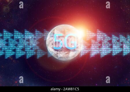 5G network technology concept. Planet Earth with sunrise and binary digital code. Mixed media. Stock Photo