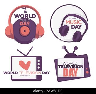 World music and television day logo set with date text Stock Vector