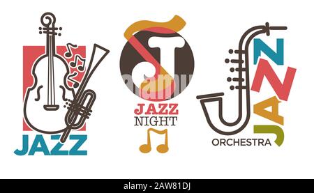 Jazz logo set with saxophone and double bass guitar icons Stock Vector