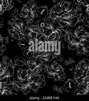 Chic hand-drawn seamless black and white damask floral motif pattern ...