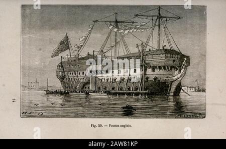 19th century Woodcut print on paper of an English pontoon from L'art Naval by Leon Renard, Published in 1881 Stock Photo