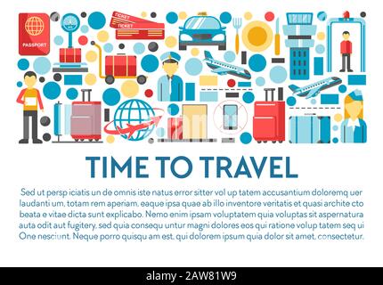 Time to travel banner, airport staff and equipment, airplane flight Stock Vector