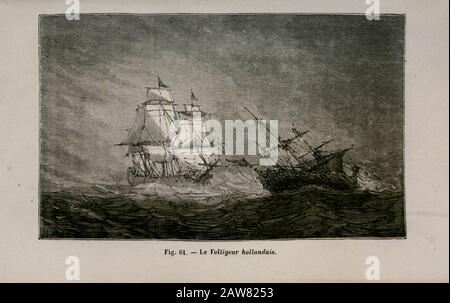 19th century Woodcut print on paper of Le voltigeur hollandais ship from L'art Naval by Leon Renard, Published in 1881 Stock Photo