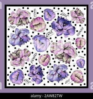 Colorful silk scarf with flowering poppie and peonies. Stock Vector