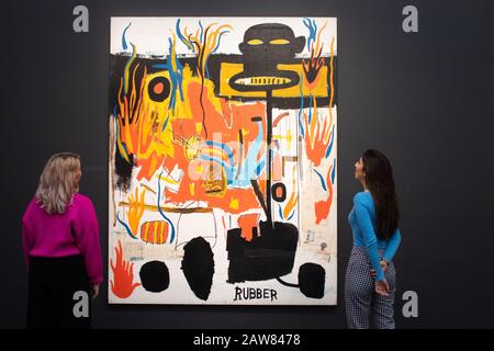LONDON, UK - 7  February 2020: Jean-Michel Basquiat, Rubber,1985, Acrylic, oil stick and collage on canvas. Estimate: £6-8 million will be offered in Sotheby's Centemporary Art Evening Auction on 11 February . amer ghazzal/Alamy Live News Stock Photo