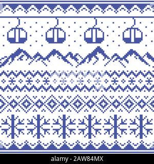 Mountains and gondolas ski and snowboard vector seamless pattern -  Fair Isle style traditional knitwear Stock Vector