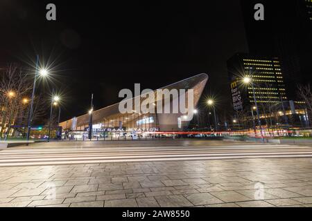 Rotterdam Centraal train station long exposure at night Stock Photo