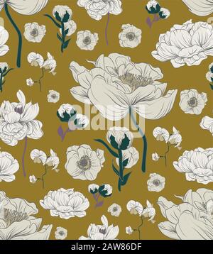 Colorful silk scarf with flowering poppies, orchid and peonies. Black, burgundy, beige on mustard color Stock Vector