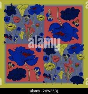 Colorful silk scarf with flowering poppies, orchid and peonies. Black, blue, green and orange. Stock Vector