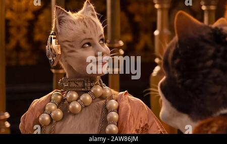 Cats (2019) directed by Tom Hooper and starring Naoimh Morgan as Rumpleteazer. Big screen adaptation of the Andrew Lloyd Webber musical based T.S. Eliot's poetry collection Old Possum's Books of Practical Cats. Stock Photo