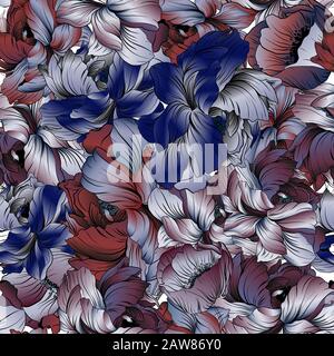 Delicate colors of a seamples pattern of a peony blossom. Red, blue, violet and black. Stock Vector