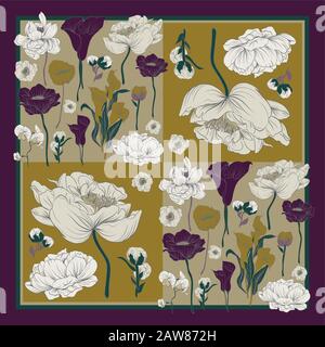 Colorful silk scarf with flowering poppies, orchid and peonies. Stock Vector