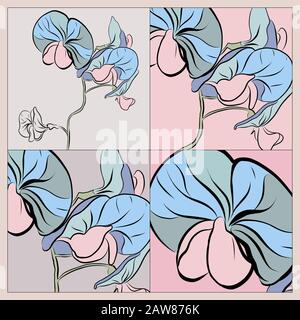 Colorful silk scarf with flowering orchid. Pink, blue, violet on pink. Stock Vector