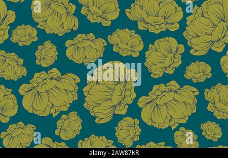 Seamless Floral Pattern in vector. Trend colors Fall 2017, golden lime, shaded spruce. Stock Vector