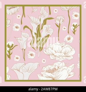 Delicate colors of silk scarf with flowering. Stock Vector