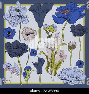 Colorful silk scarf with flowering poppie, orhid and peonies. Black, blue, violet on blue. Stock Vector