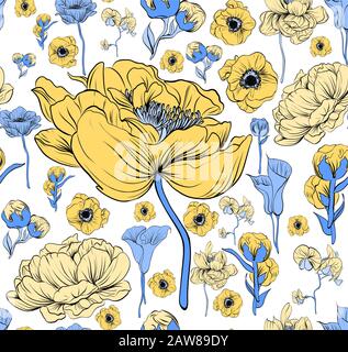 Colorful pattern with flowering poppie, orhid and peonies. Stock Vector