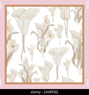 Delicate colors of silk scarf with flowering callas. Stock Vector
