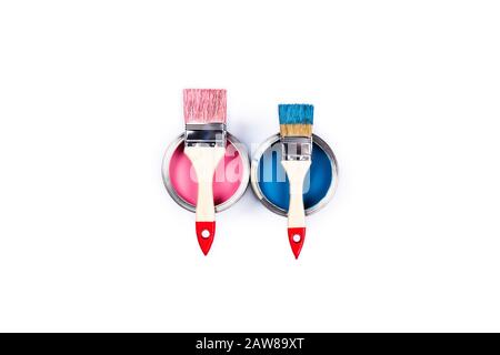 Renovation picture. Isolated white background with pink and blue pain cans and brushes located on it. Flat lay, top view, copy space. Stock Photo