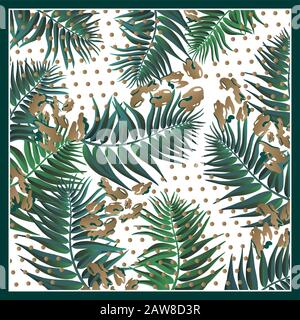 Silk scarf with palm leaves on grunge background with leopard spots.. Stock Vector