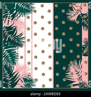 Silk scarf with palm leaves on dots and stripe background with. Stock Vector