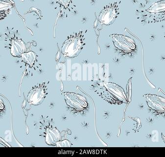 Seamless pattern Vector floral design with asclepias syriaca on pale blue background Stock Vector