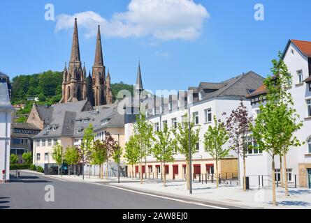 Marburg, Germany, view to the new students quarter inside the center with the Elisabeth Church in the background Stock Photo