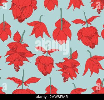 Seamless pattern, Medinilla magnifica flowers on light blue background, red and green tones Stock Vector