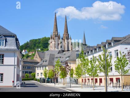 Marburg, Germany, view to the new students quarter inside the center with the Elisabeth Church in the background Stock Photo