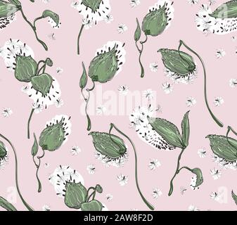 Vector floral design with asclepias syriaca on pale pink background Stock Vector