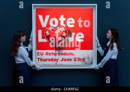 London, UK. 7th February, 2020. Banksy, Vote to Love, 2018, est £0.4-0.6m - Sotheby's previews its Contemporary Art Sale which takes place on 11th February 2020 in London. Credit: Guy Bell/Alamy Live News Stock Photo