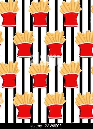 Hand draw french fries. Doodle french fries seamless pattern stripe background.Fast food seamless vector pattern. Stock Vector