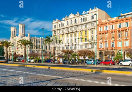 Cagliari, Sardinia - January 2 of 2016, Italy: View of the main street (Via Roma), view on Town Hall and 'la Rinascente' department store Stock Photo