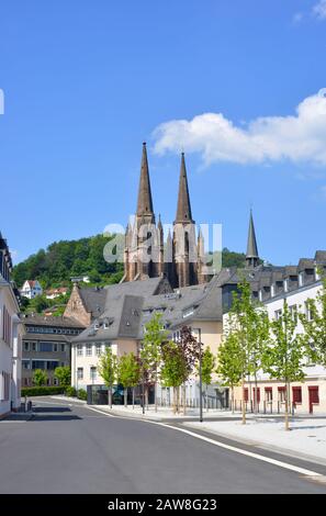Marburg, Germany, view to the new students quarter inside the center with the Elisabeth Church in the background Stock Photo