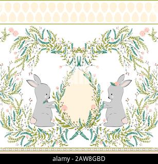 Easter bunny with spring flowers seamless pattern on white background. Cartoon baby rabbit illustration. Easter design for textile, fabric, decor. Stock Vector