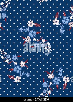 Gentle seamless polka dot pattern with flowers. Cute simple floral ornament. Vector illustration for fabric, scrapbooking paper and other Stock Vector