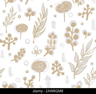 Vector floral pattern in doodle style with flowers and leaves. Gentle, spring floral background. Stock Vector
